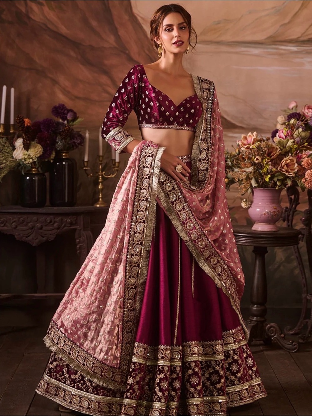 Women's Maroon and Blush Embroidered Circle Skirt Set